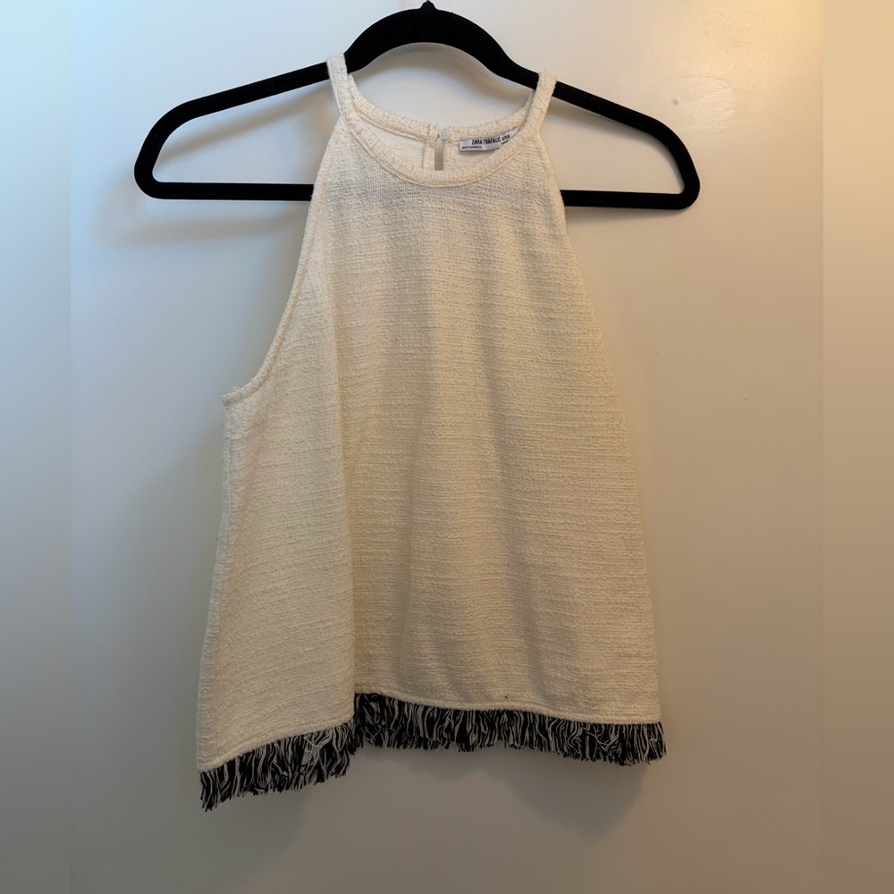 Zara Cream Tank Top with Black Fringe